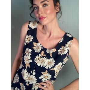 Vintage Unbranded Daisy Silk Blend Sleeveless Tank Top Navy 90s Throwback Sz S/M